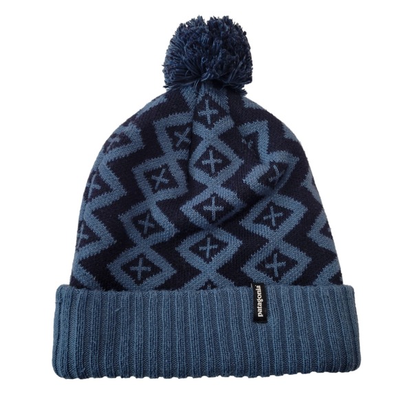 Patagonia Unisex Beanie Hat Pom Blue Diamond Geometric Pattern Winter - Picture 1 of 4
